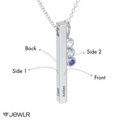 Fun and unique, this trendy rectangular bar pendant and birthstone charm is the perfect gift for Mother's Day, a birthday, or a special occasion. Personalize the bar pendant with up to 4 engravings, one for each side, and select 1 to 4 birthstones for the custom charm. The pendant features a matching chain in your choice of lengths for just the right look. Design yours in sterling silver and 10k or 14k white, yellow, or rose gold. Custom Name Rectangular Jewelry For Birthday, Custom Name Rectangular Jewelry For Birthday Gift, Modern Personalized Rectangular Jewelry, Custom Name Silver Rectangular Bar Necklace, Custom Name Rectangular Silver Bar Necklace, Custom Name Silver Bar Necklace, Silver Rectangular Bar Necklace With Custom Name, Silver Rectangular Bar Necklace With Name, Silver Rectangular Bar Necklace For Personalized Gift