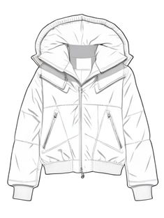 a drawing of a white jacket with hood and zippers on the front, side view