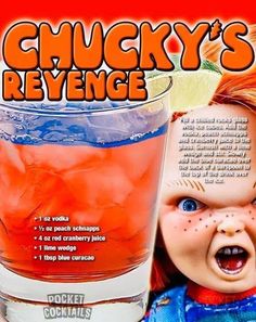 an advertisement for chucky's beverage with a creepy doll next to the drink