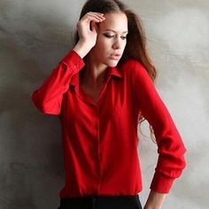 chiffon blouse long sleeve shirt Chiffon Blouse For Workwear, Trendy Red Office Blouse, Casual Chiffon Tops For Office, Casual Chiffon Blouse For Office, Long Sleeve Chiffon Shirt For Work, Casual Red Blouse For Office, Casual Red Office Blouse, Casual Chiffon Button-up Top, Casual Long Sleeve Chiffon Shirt