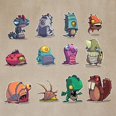 an assortment of cartoon monsters with different expressions and sizes, all in various poses on a beige background