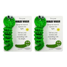 two green crochet bookmarks with eyes and wormy worms on them