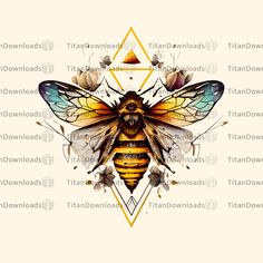 a drawing of a bee with wings and flowers on it's back, surrounded by triangles