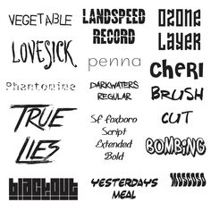 some type of font that is black and white with different types of lettering on it