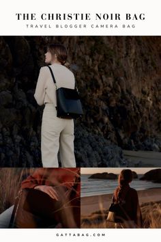 a woman standing on the beach with her back to the camera and holding a black bag