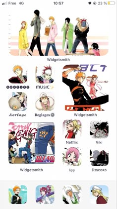 an iphone screen with many different anime characters and their names on it's side