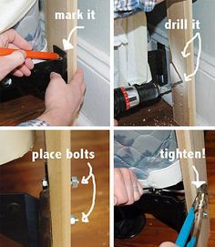 four pictures showing how to install an under cabinet door with pliers and screwdrivers