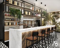 a bar with several bottles on the shelves and stools in front of it, along with black and white patterned flooring