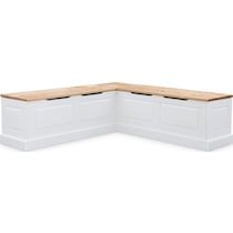 a white corner bench with two benches on the top and one in the middle, against a white background