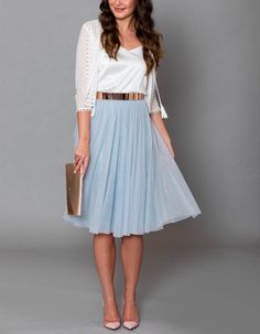 Tulle skirt in midi length - wedding skirt - bridal registry officeThis tulle skirt is ideal for the civil wedding ceremony. For combination with a top, bodysuit or blouse or casual T-shirt. Due to the medium-strength tulle, the skirt has a typical petticoat-looking look and vibrates quite enchantingly while dancing. The skirt is finished with a fixed waistband, so the fit is more figure-flattering than with skirts with a raff or rubber waistband, the cut is also worked out in such a way that th Short Tulle Skirt, Tulle Skirt Wedding, Blue Skirt Outfits, Grey Tulle Skirt, Blue Tulle Skirt, Light Blue Skirts, Tulle Long Skirt, Bridal Skirts, Bridal Tops