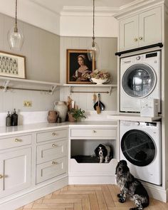 a dog is sitting in the kitchen next to an open washer and dryer