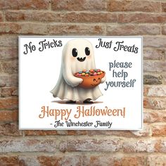 a sign that says, no tricks just treats please help yourself happy halloween the winchester family