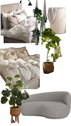 a collage of photos with plants and bedding