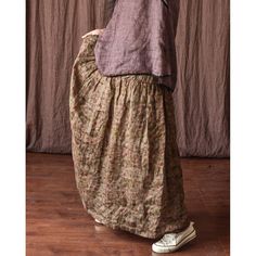 Details: Gender: Women Item Type: Skirt Material: Linen Season: Spring, Summer, Autumn Pattern: Floral Style: Casual, Loose, Retro Waist Type: Elastic Waist Size: One Size Length: 93.00 cm/ 36.61 " Waist (Max): 114.00 cm/ 44.88 " Hip: 206.00 cm/ 81.10 " Hem: 240.00 cm/ 94.49 " Spring Full-length Baggy Skirt, Spring Full Length Brown Skirt, Brown Full-length Skirt For Spring, Baggy Full-length Skirt For Spring, Brown Full Length Skirt For Spring, Bohemian Baggy Cotton Skirt, Baggy Cotton Bohemian Skirt, Spring Baggy Gathered Skirt, Casual Full Length Brown Skirt