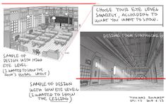 an architectural drawing shows the interior and exterior of a large room with tables, chairs, and other furniture