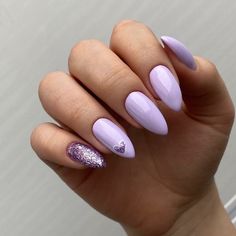 Lavender Nail Designs Almond, Pale Purple Nails With Design, Light Purple Nails With Heart, Lilac Heart Nails, Lavender Heart Nails, Lilac Valentines Nails, Nails Lilac Design, Purple Engagement Nails, Lavender Valentines Nails