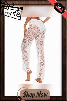 White Crochet Wide Leg Beach Wear Long Pants White Non-stretch Pants For Beach, Non-stretch Beach Trousers, Stretch Summer Pants For Beach Season, Summer Stretchy Beach Pants, White Stretch Bottoms For Beach Party, White Pants For Beach Cover-up In Spring, White Bohemian Bottoms For Beach, Stretch Bottoms For Spring Beach Party, Non-stretch High Waist Beach Bottoms