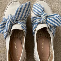 These Are A Beautiful Pair Of Espadrilles With A Blue And White Tie On The Top. I Love These Shoes So Much, But I Have Only Worn Them Once In The 2 Years That I've Had Them, So It's Time To Move Them On. They Are In Great Condition As You Can See From The Photos. The Left Shoe Has A Scuff On Its Edge - See Picture 3. They Fit True To Size. Trendy White Slip-on Espadrilles, Chic White Espadrilles, Trendy Blue Round Toe Espadrilles, Trendy Blue Espadrilles For Spring, Chic Blue Espadrilles For Spring, Chic Blue Round Toe Espadrilles, Blue Round Toe Espadrilles For Summer, Blue Summer Espadrilles With Round Toe, White Espadrilles For Spring Day Out