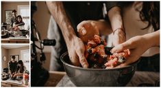 people are preparing food in the kitchen together