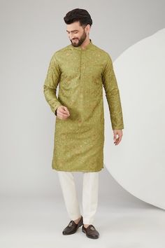 Mehendi green silk kurta with kashmiri thread embroidery. Comes with a pant. - Aza Fashions Kurta Patterns, Kurta Men, Silk Kurta, Thread Embroidery, Green Silk, Green Man, Embroidered Silk, Mandarin Collar, Aza Fashion