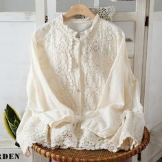 Material: Linen, COTTON Measurement Size (cm) Size (in) Shoulder Width 40 15.7 Chest Circumference 114 44.9 Hem Circumference 185 72.8 Length 73 28.7 Sleeve Length 55 21.7 Sleeve Circumference 39 15.4 Cuff Circumference 22 8.7 Summer Embroidered Long Sleeve Top With Lace Trim, Summer Long Sleeve Embroidered Top With Lace Trim, Spring Beige Shirt With Floral Embroidery, Beige Blouse With Lace Patchwork For Spring, Beige Floral Embroidered Shirt For Spring, Spring Beige Blouse With Lace Patchwork, Long Sleeve Lace Tops With Floral Embroidery, Spring Long Sleeve Lace Tops, Cotton Embroidered Long Sleeve Top With Lace Trim