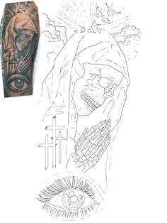 a tattoo design with an eye and skull on the left side of the arm, next to it is a drawing of a person's face