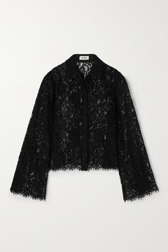 L’Agence’s ‘Carter’ blouse will make a sophisticated addition to your day-to-night repertoire. Crafted from delicate Guipure lace with touches of cotton, it's cut for a relaxed fit with elegant flared sleeves. Layer yours over a camisole or bralette to temper the sheer effect. Luxury Black Lace Top For Summer, Black Lace Shirt Outfit, Luxury Cropped Lace Top, Elegant Black Lace Trim Crop Top, Lace Shirt Outfit, Luxury Black Lace Top, Guipure Lace Top, Luxury Black Lace Top With Scalloped Lace, Red Lace Top