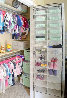 the closet is full of baby clothes and toys