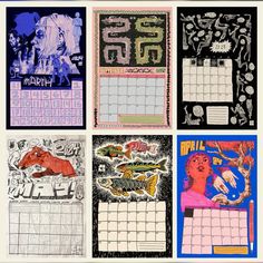 four calendars with different designs on them