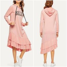 Casual Pink Hooded Dress Believe Printed Fabric Has Some Stretch 95% Polyester, 5% Spandex Crochet Bodycon Dresses, Leopard Maxi Dress, Lace Back Dresses, Striped Tank Dress, Embroidered Tunic Dress, Striped Sleeveless Dress, Floral Sheath Dress, Belted Midi Dress, Floral Embroidered Dress