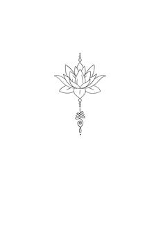 a black and white drawing of a lotus flower on a branch with beads hanging from it's end