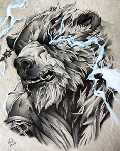 a drawing of a bear with lightning coming out of it's back and head