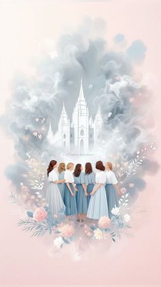 three girls standing in front of a castle surrounded by clouds and flowers with the words, i