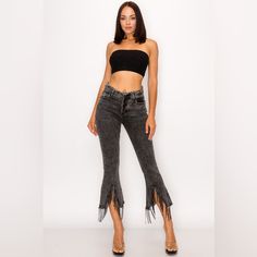 Rhinestone Fringe Jeans With Frayed Waist Unleash Your Inner Rock Star With Our Rhinestone Fringe Jeans With Frayed Waistthese Trendy Jeans Are Perfect For Making Bold Statements At Your Next Concert! Adorned With Dazzling Rhinestones And Playful Fringe, These Jeans Are Designed To Turn Heads And Keep You Shining All Night Long. The Frayed Waist Adds A Touch Of Edgy Chic, Making These Rhinestone Jeans A Must-Have For Any Fashion-Forward Wardrobe. Ready To Steal The Spotlight? Slip Into These Fri Rhinestone Fringe Jeans, Black Washed Jeans, Fringe Pants, Rhinestone Jeans, Fringe Jeans, Rhinestone Fringe, Edgy Chic, Trendy Jeans, Rhinestone Trim