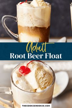 two mugs with ice cream and root beer in them, the title says easy adult root beer float