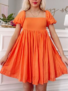 Lush and Lemons Orange Babydoll Spring Dress | Sassy Shortcake | sassyshortcake.com Orange Babydoll Dress, Sassy Shortcake, Orange Mini Dress, Orange Citrus, Rose Blush, Lemon Dress, Dress Orange, Puffy Sleeves, Spring Dress