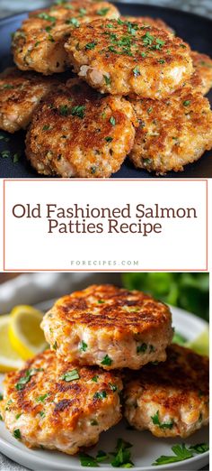 old fashioned salmon patties recipe on a plate with lemon wedges