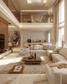 a living room filled with lots of white furniture