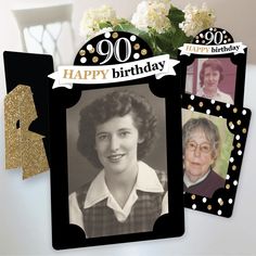 a birthday card with an old photo and flowers