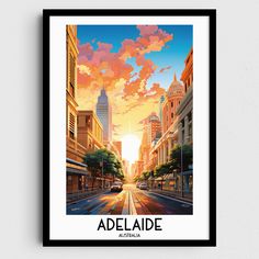 an art print of the cityscape adellade, with buildings in the background