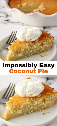 two pictures of a piece of coconut pie with whipped cream on top