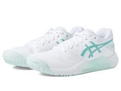 the asics shoes are white and green with blue accents on the upper part of the shoe