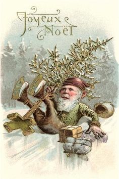 an old - fashioned christmas card with a man holding a potted plant in the snow