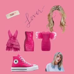 a collage of pink outfits and hair accessories