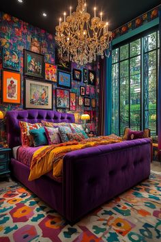 a bedroom decorated in bright colors with a chandelier hanging from the ceiling and pictures on the wall