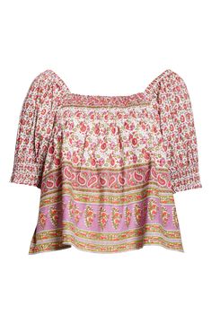 A swirling paisley print enlivens this shoulder-baring cotton top framed by charming puff sleeves. Off-the-shoulder neck Short sleeves 100% cotton Machine wash, line dry Imported Shop Mille, Fabric Gift Bags, Off The Shoulder Top, Fabric Gifts, Free Fabric, Anniversary Sale, Cotton Top, Print Gifts, Cotton Tops