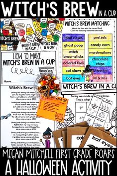 a poster with words and pictures for witches brew in a cup, which is written on it