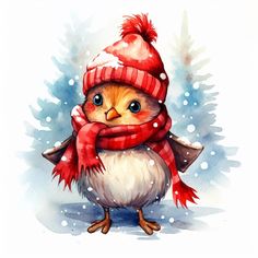 a watercolor painting of a bird wearing a red and white hat, scarf and mittens