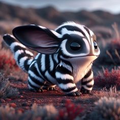 a cartoon zebra standing in the middle of a desert area with red plants and bushes