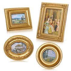 three framed paintings and two plates on a white surface, one with gold trimming